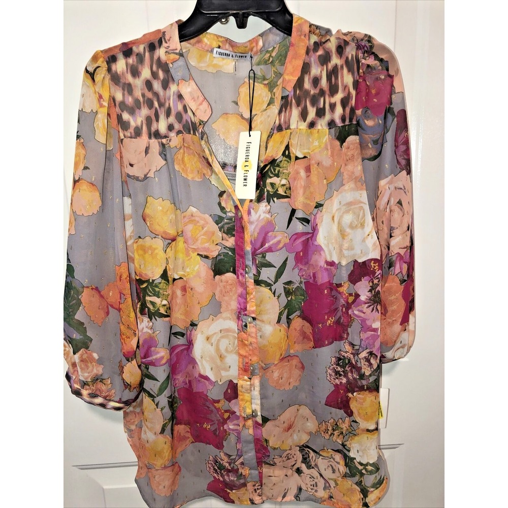 FIGUEROA FLOWER Cecilia Floral Animal Button Up Or Tie Tunic Top Cami  PXL NEW